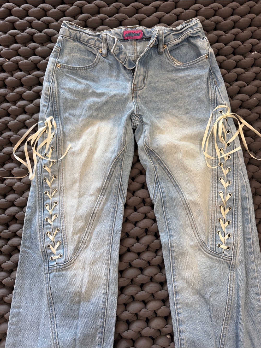 Edikted Light Blue Lace-Up Wide Leg Jeans